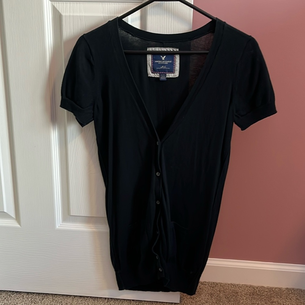 American Eagle Black Short Sleeve Button Up Cardigan Sweater Women’s Size Medium